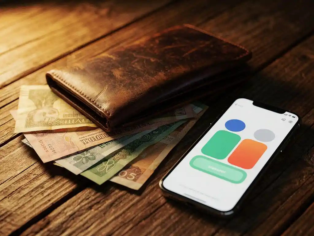 Weathered leather wallet open on a wooden table with fanned international currency notes beside a smartphone showing a money transfer app.