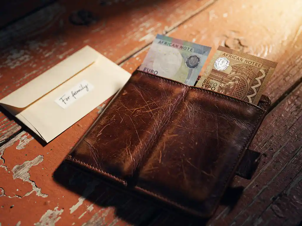 Open leather wallet on weathered wood holding Euro and West African currency notes beside a sealed remittance envelope in warm afternoon light.