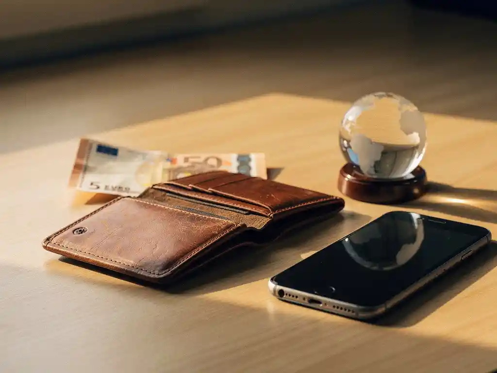 Worn leather wallet open on a wooden desk beside a euro banknote, smartphone, and small globe paperweight in warm ambient light.