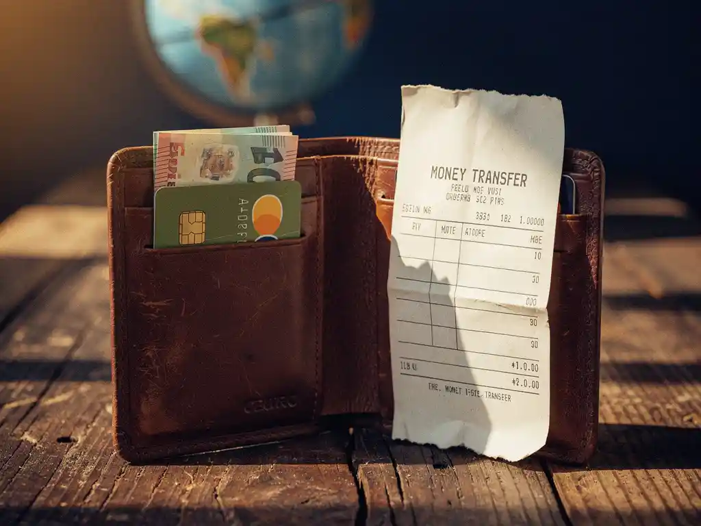 Worn leather wallet open on wooden table with euro banknotes, a bank card, and a money transfer receipt, small globe softly blurred in background.