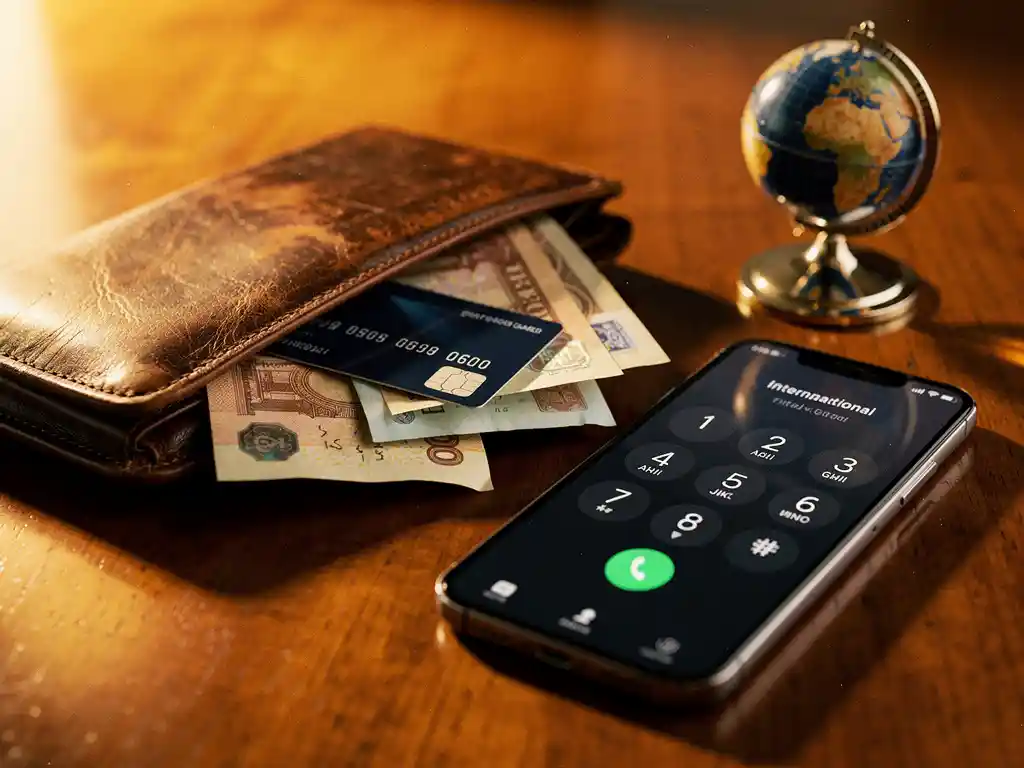 Worn leather wallet open on a wooden table with foreign currency, bank card, smartphone showing international dialing screen, and globe paperweight nearby.