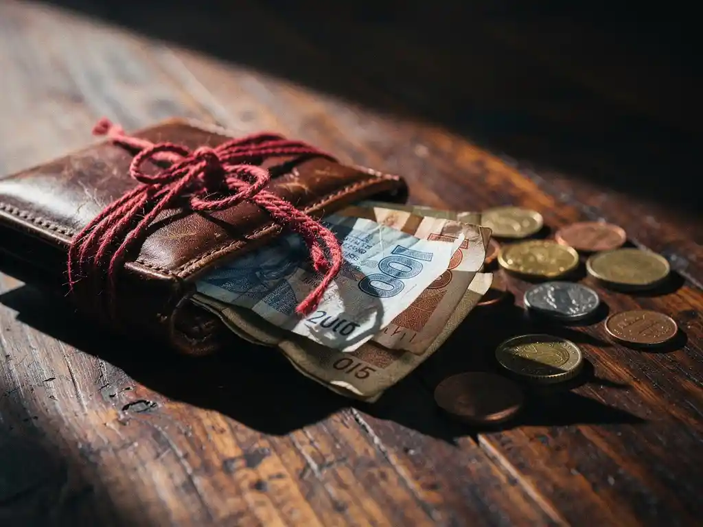 Worn leather wallet bound with red string, spilling crumpled international banknotes and coins onto a weathered wooden table.