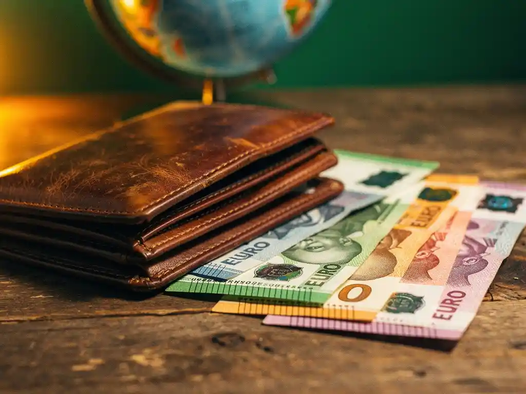 Worn leather wallet open on wood surface with euros, naira, and African banknotes fanned out beside a blurred globe.
