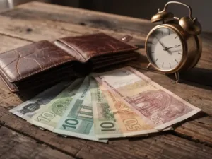 Worn leather wallet open on wood surface beside fanned international banknotes and analog clock, warm window light, shallow depth of field.