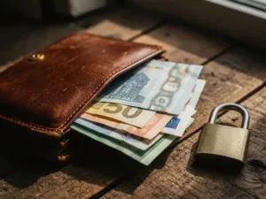 Worn leather wallet open on wood surface with international banknotes and a small padlock symbolizing financial transparency.