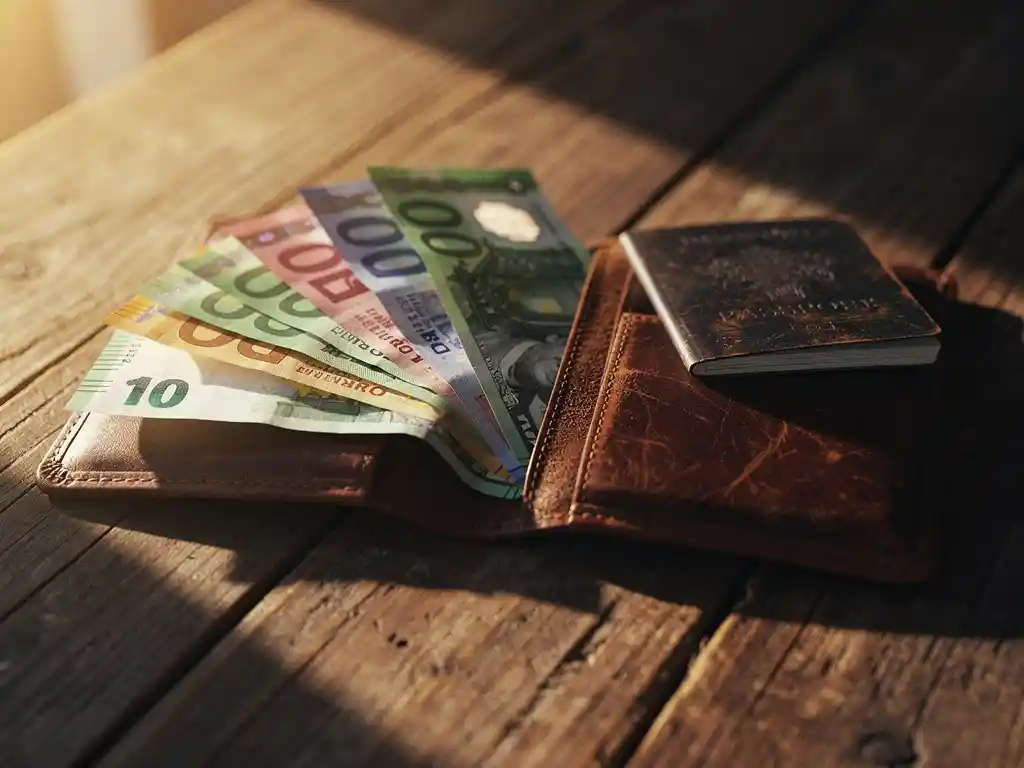 Worn leather wallet open on a wooden table with euros, naira, and dollars fanned out beside a weathered passport in warm golden light.
