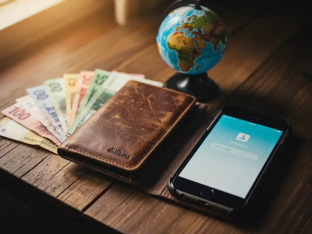 Worn leather wallet open on wood surface beside fanned international banknotes, smartphone displaying money transfer screen, and small globe.