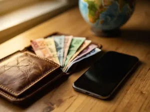 Worn leather wallet open on wood surface with fanned international currency notes, smartphone, and small globe in warm golden light.