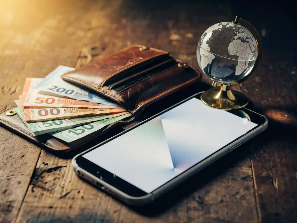 Worn leather wallet open on wood surface with fanned international currency notes, smartphone, and globe paperweight in warm amber light.