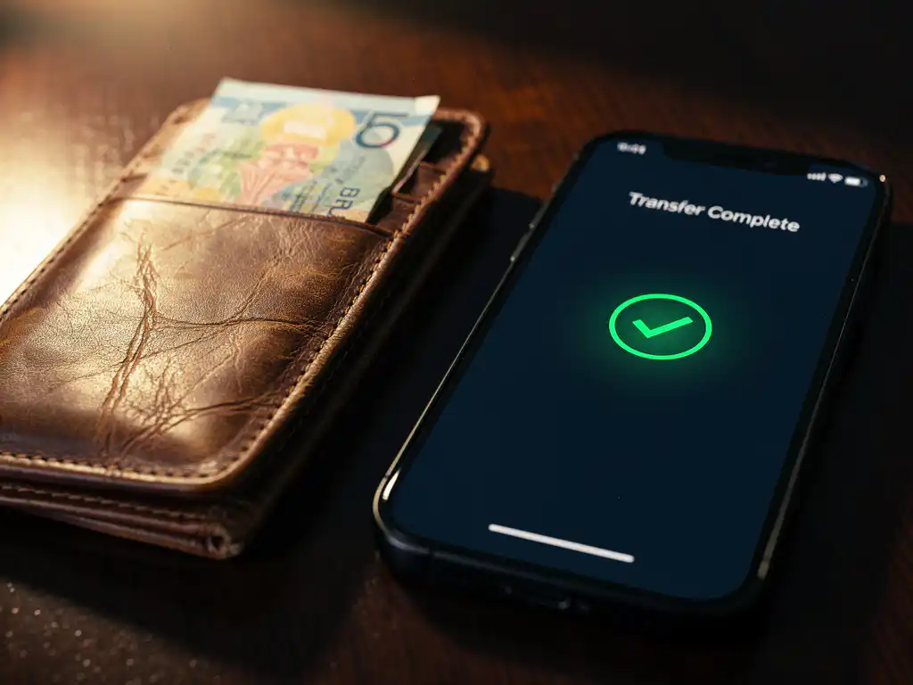 Worn leather wallet with international banknote beside a smartphone showing a money transfer confirmation screen on polished wood.