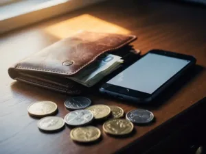 Worn leather wallet with folded euro banknote beside a glowing smartphone on a wooden desk, scattered mixed currency coins nearby.