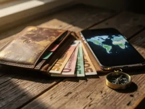 Worn leather wallet open on a wooden table with foreign currency, smartphone showing world map, and small compass in warm natural light.