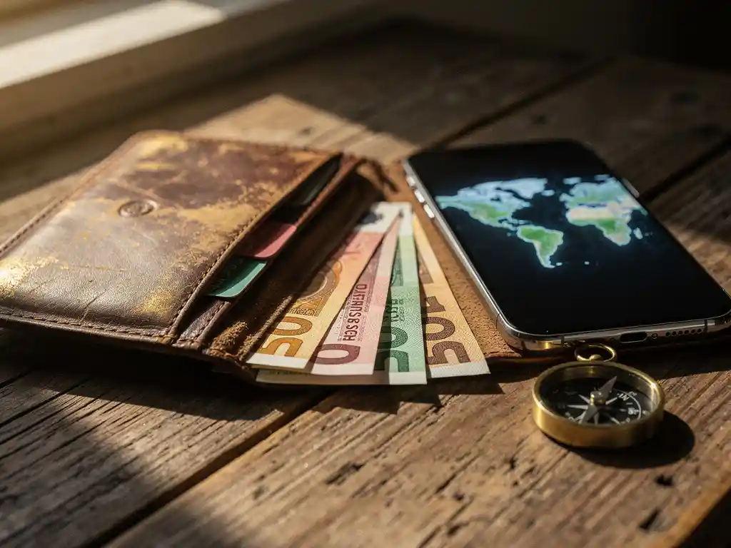 Worn leather wallet open on a wooden table with foreign currency, smartphone showing world map, and small compass in warm natural light.