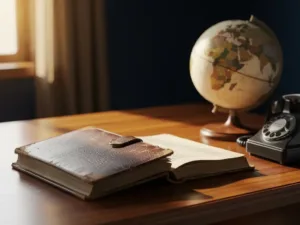 Worn leather-bound legal document and vintage globe on a wooden desk beside a classic telephone handset, lit by warm golden window light.
