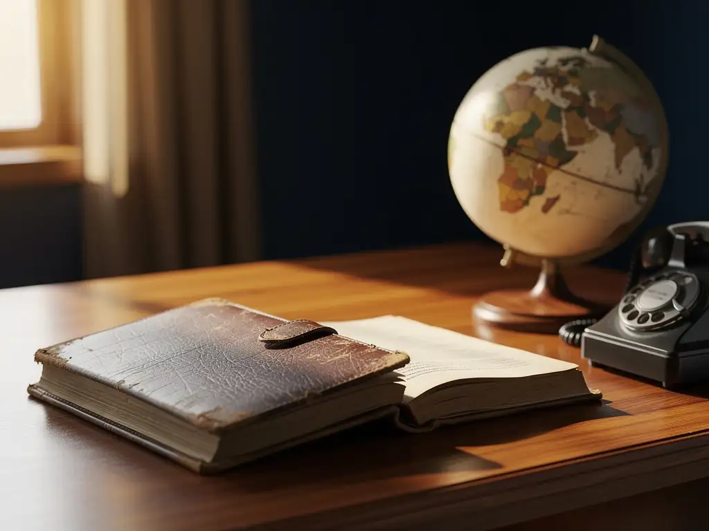 Worn leather-bound legal document and vintage globe on a wooden desk beside a classic telephone handset, lit by warm golden window light.