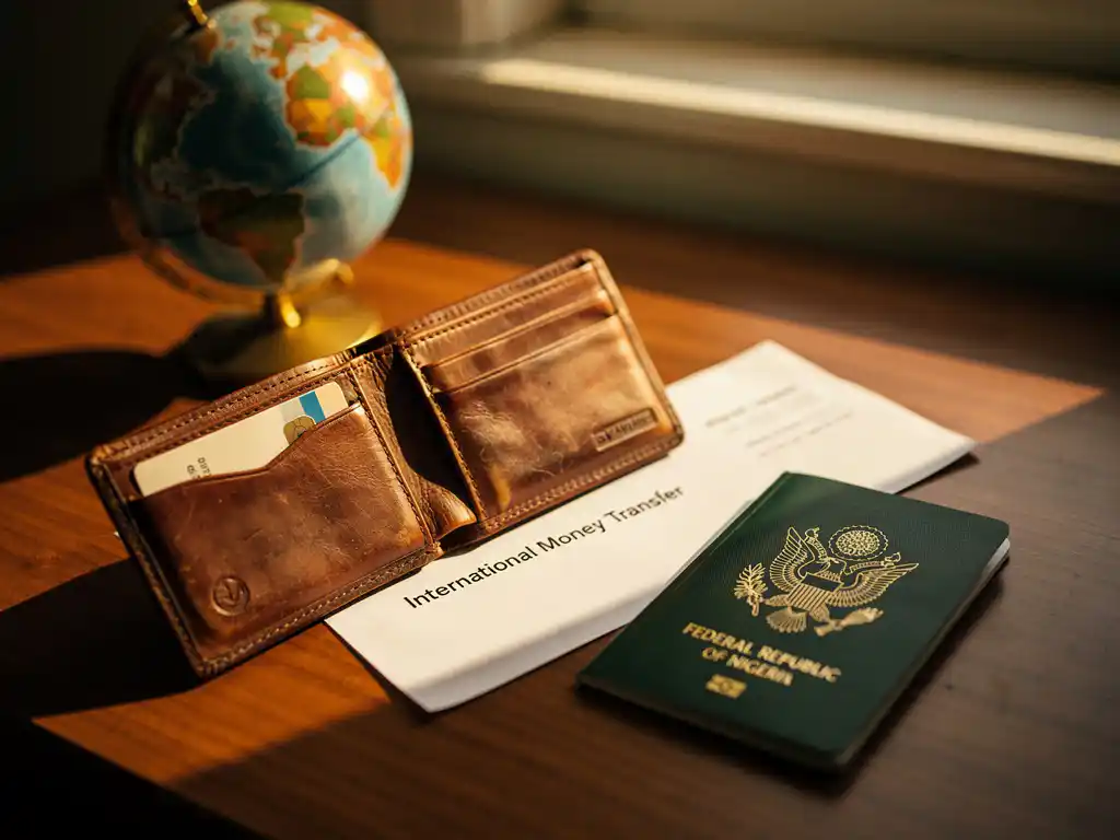 Worn leather wallet open beside an international money transfer receipt, Nigerian passport, and small globe on a wooden desk in warm afternoon light.