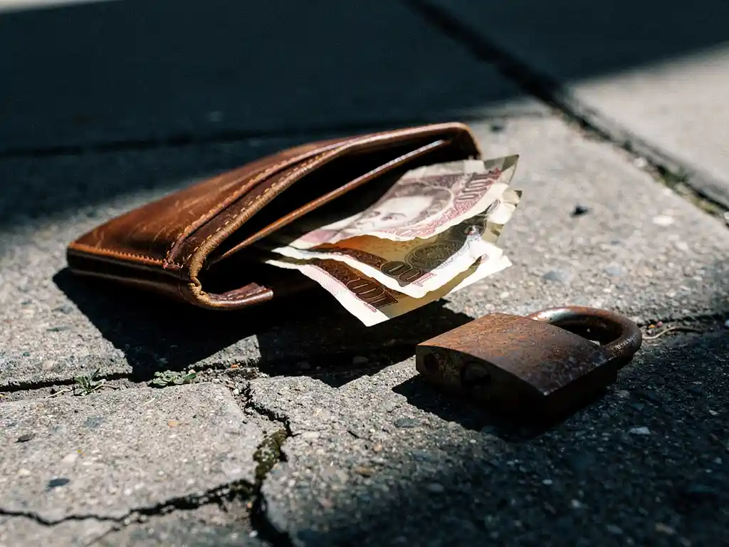 Open leather wallet with scattered banknotes on cracked concrete sidewalk, rusted padlock beside it symbolizing financial vulnerability.