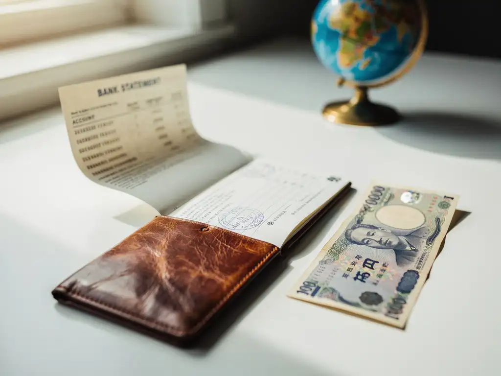 Worn leather passport open beside a folded bank statement and foreign currency note on a white desk, with a blurred globe in the background.