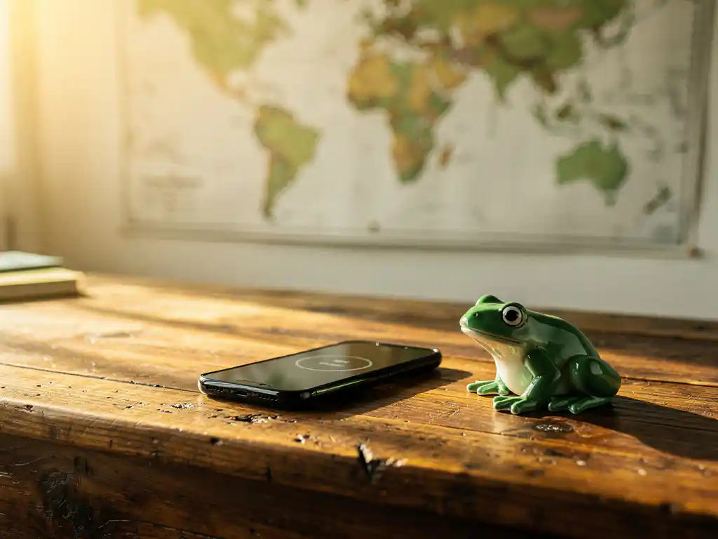 Smartphone on a weathered wooden desk mid-call beside a green frog figurine, world map softly blurred in warm golden background light.