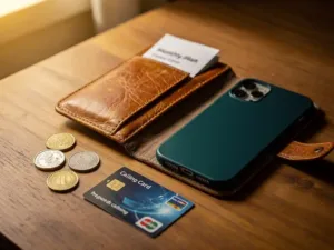 Worn leather wallet open beside a smartphone on a wooden desk, with scattered coins, a prepaid calling card, and a monthly plan brochure tucked inside.