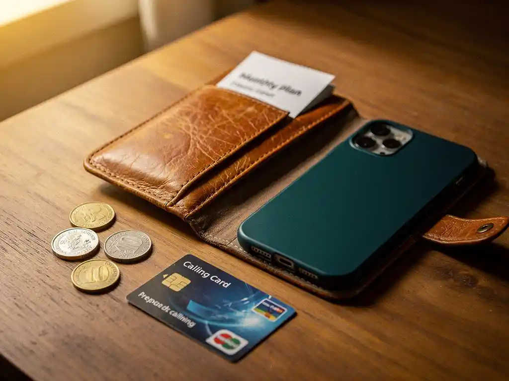 Worn leather wallet open beside a smartphone on a wooden desk, with scattered coins, a prepaid calling card, and a monthly plan brochure tucked inside.