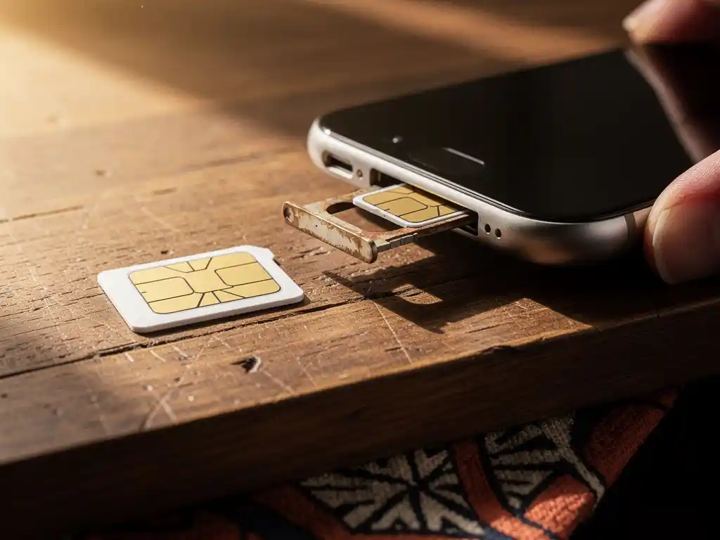 Weathered SIM card being removed from a smartphone on a wooden desk, new SIM card nearby, African textile underneath in warm earth tones.