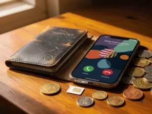 Worn leather passport open beside a budget smartphone on an international call, with foreign coins and SIM card on a warm wooden surface.