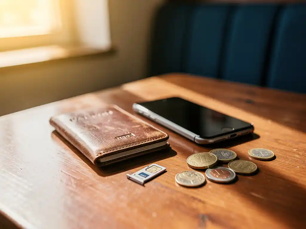 Worn leather passport and smartphone on a sunlit café table with a SIM card and foreign coins, evoking international travel connectivity.