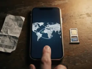 Weathered smartphone showing a world map beside a crumpled boarding pass and foreign SIM card on worn wood, lit with warm amber tones.