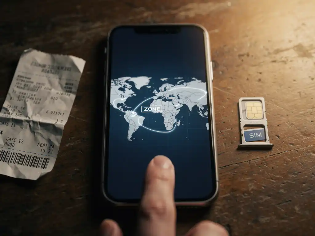 Weathered smartphone showing a world map beside a crumpled boarding pass and foreign SIM card on worn wood, lit with warm amber tones.