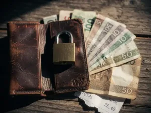 Worn leather wallet open on weathered wood with fanned foreign currency notes, crumpled receipt, and small padlock in warm directional light.