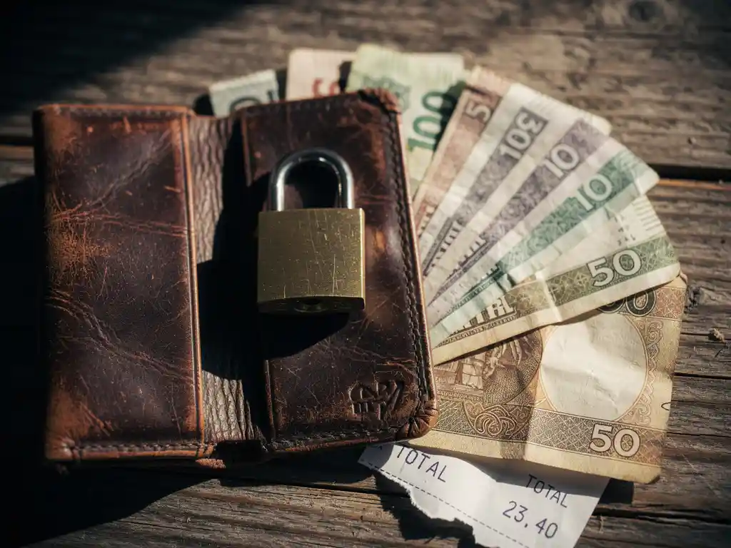 Worn leather wallet open on weathered wood with fanned foreign currency notes, crumpled receipt, and small padlock in warm directional light.