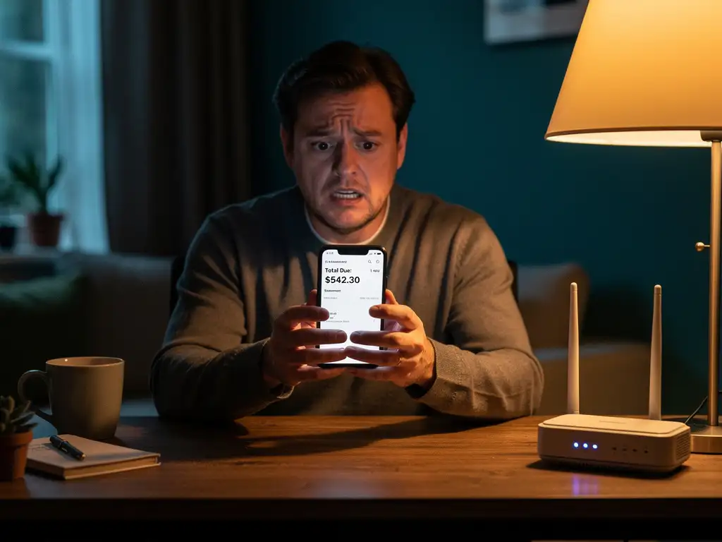 Person at home desk looking confused at a smartphone showing an unexpected bill, with a glowing Wi-Fi router nearby.