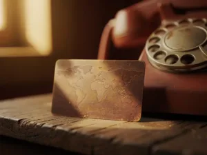 Weathered international calling card beside a vintage rotary phone on worn wood, warm amber tones with a faint map outline in soft golden light.