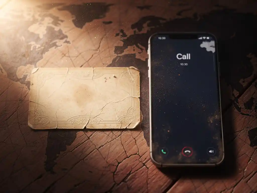 Worn vintage calling card beside a modern smartphone on cracked wood, faint world map etched in surface, warm amber light.