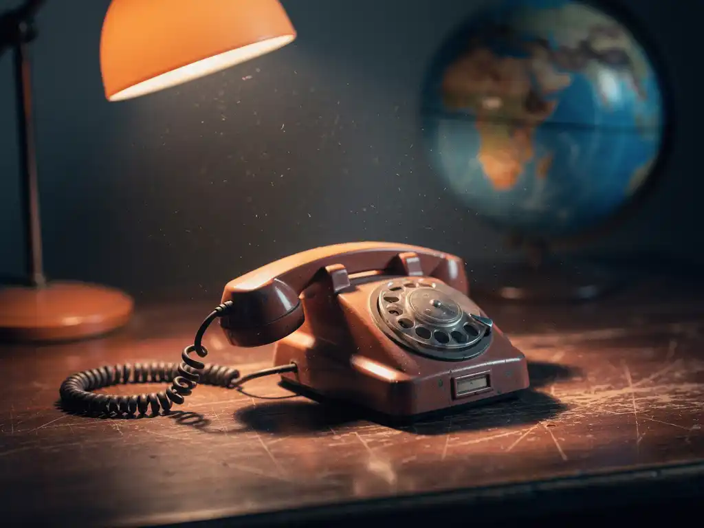 Disconnected rotary telephone receiver on a worn wooden desk, faint globe in background evoking isolation and blocked global communication.