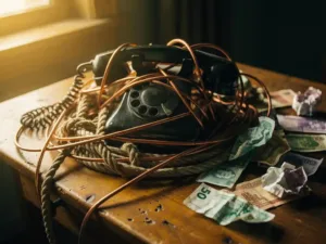 Vintage rotary telephone tangled in copper wires on a worn wooden desk scattered with crumpled international currency notes.