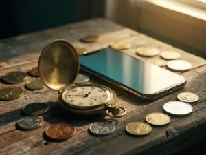 Vintage brass stopwatch open beside a smartphone showing an international call screen, scattered foreign coins on weathered wood in warm amber light.