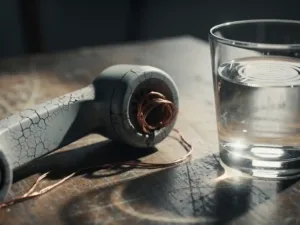 Cracked vintage telephone handset with exposed copper wiring on worn wood, rippling water glass suggesting audio distortion, dramatic side lighting.
