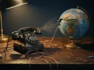Vintage telephone handset on worn wooden desk, tangled copper wire connecting to a cracked globe showing Africa and Europe, warm amber light.