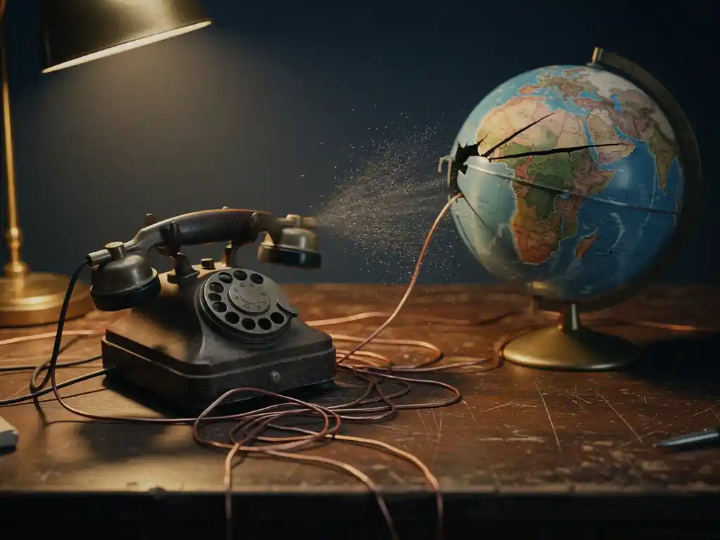 Vintage telephone handset on worn wooden desk, tangled copper wire connecting to a cracked globe showing Africa and Europe, warm amber light.