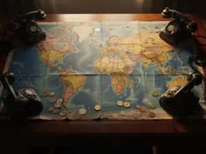 Weathered world map on wooden desk with vintage telephone handsets and international coins scattered across continents, warm amber light on Africa and Europe.