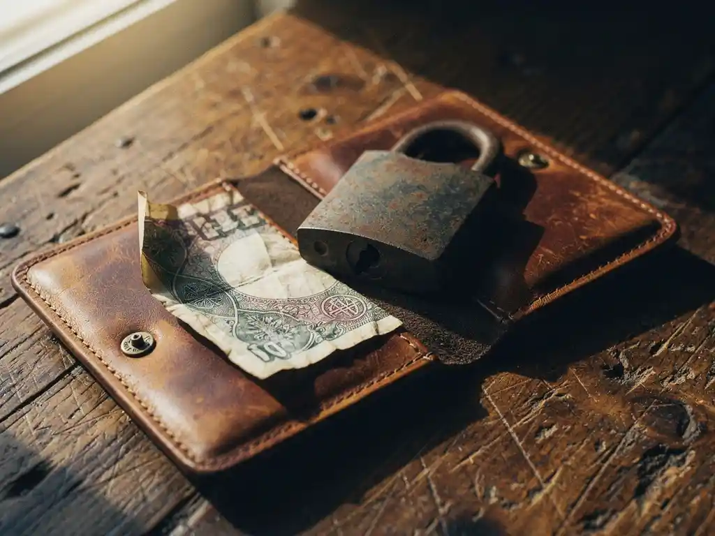 Weathered leather wallet open on worn wood table with crumpled banknote inside, heavy iron padlock resting on top in warm amber light.