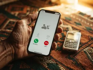 Weathered hand holding a smartphone on an active international call beside an older phone resting on a woven African textile.