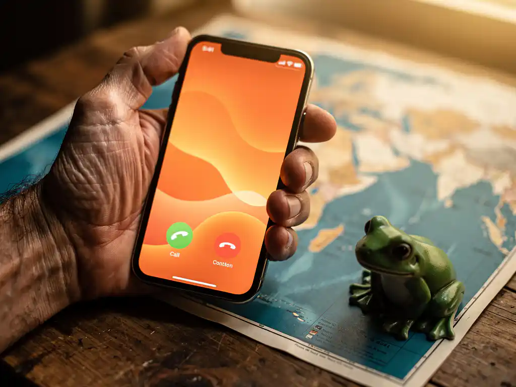 Weathered hand holding a smartphone with a glowing call screen over a faded map of Africa and Europe, with a small green frog figurine nearby.
