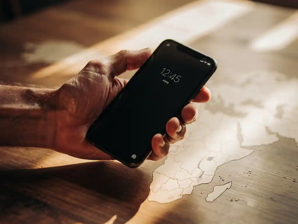 Weathered hand holding a modern smartphone over a wooden table with a faint map of Africa and Europe in warm amber light.