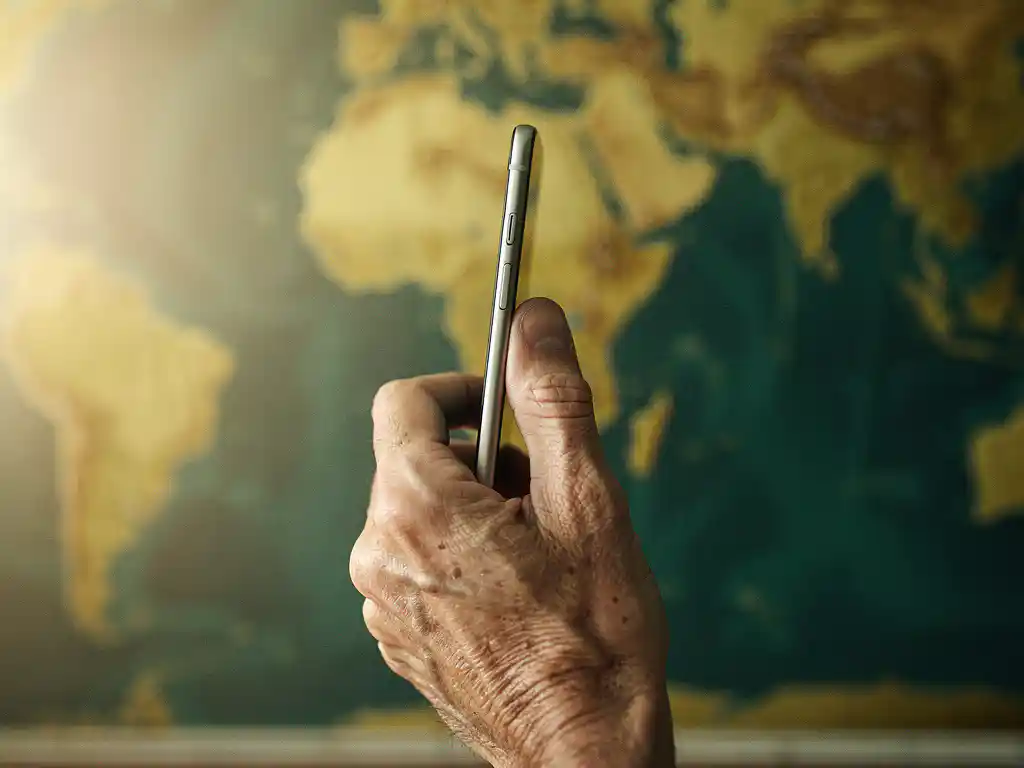 Weathered hand holding a smartphone with a blurred map of Africa and Europe glowing softly in the background.