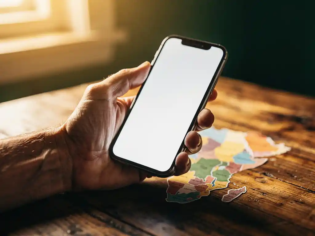 Weathered hand holding a glowing smartphone over a wooden table with a soft-focus map of Africa beneath it.