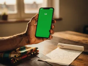 Weathered hand holding a smartphone with a green call screen beside a handwritten letter and folded African fabric on a wooden table.