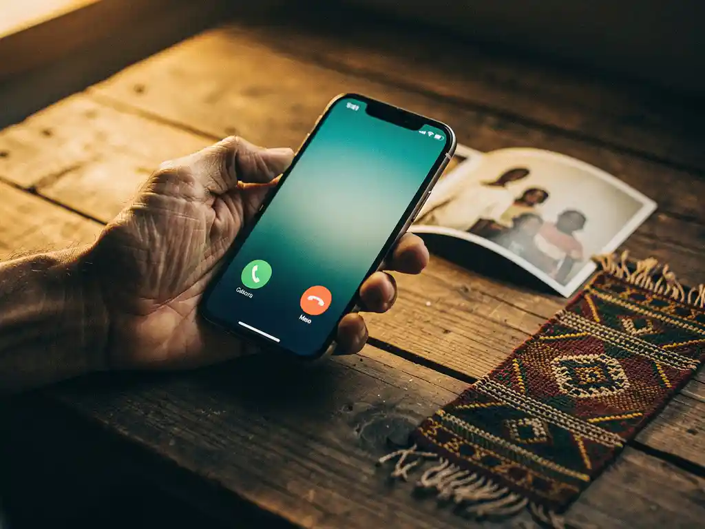 Weathered hand holding a smartphone on an active call, beside a faded family photo and handwoven African textile on a wooden surface.